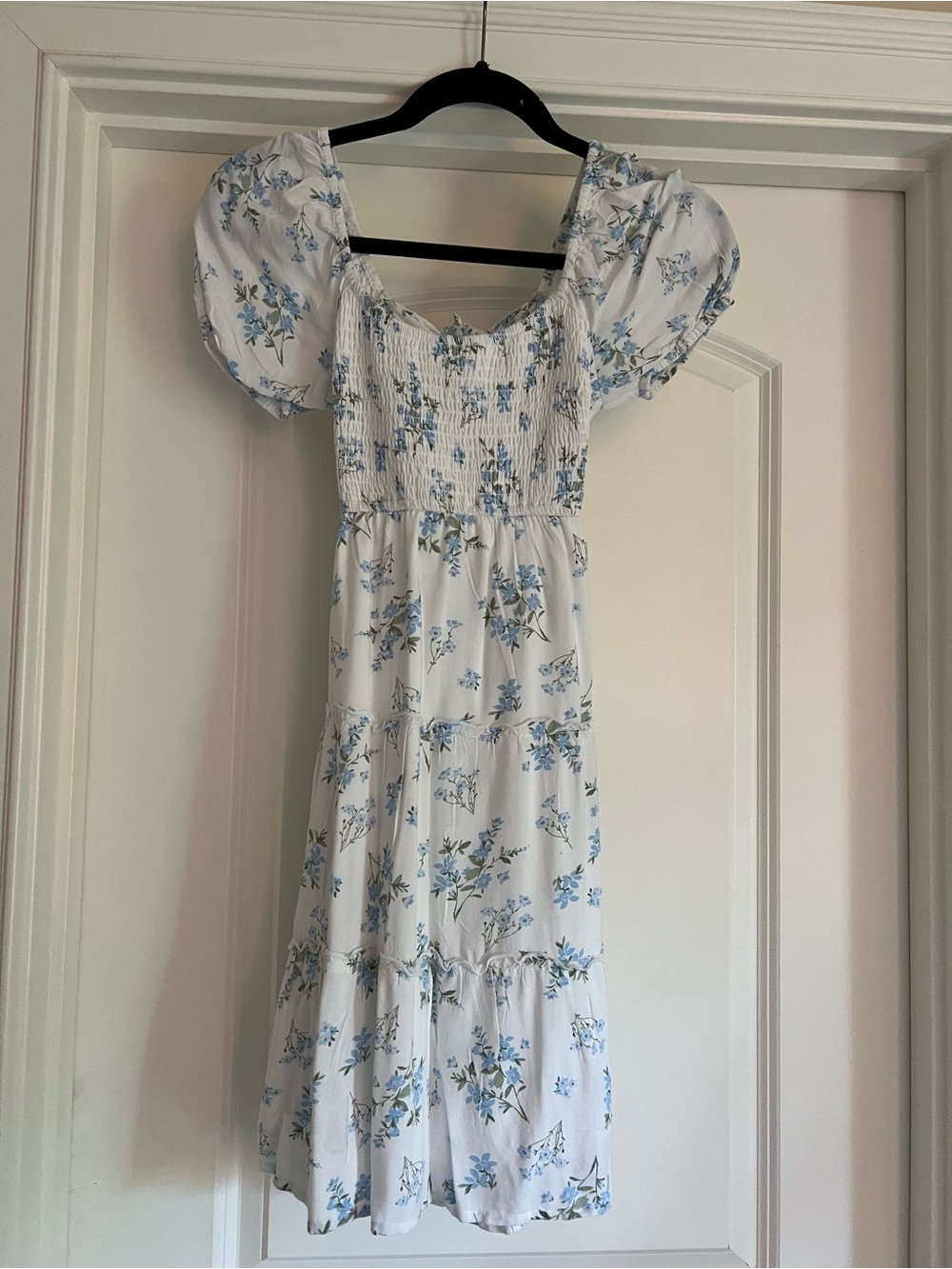 Hollister White Floral Midi Dress with Blue Flowers